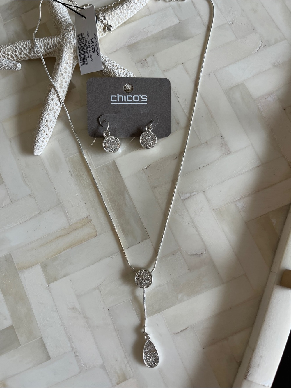 NWT Chico's Silver Sparkly Crystal Teardrop Necklace with Matching Drop Earrings